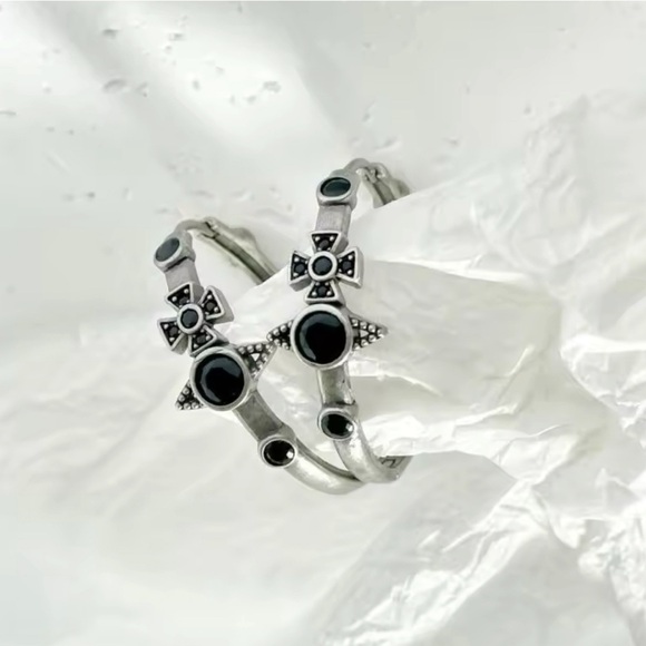 Moon Goddess Emporium Jewelry - 925 Sterling Silver Planet Saturn Symbol Hoop Earrings With Black Onyx Accents